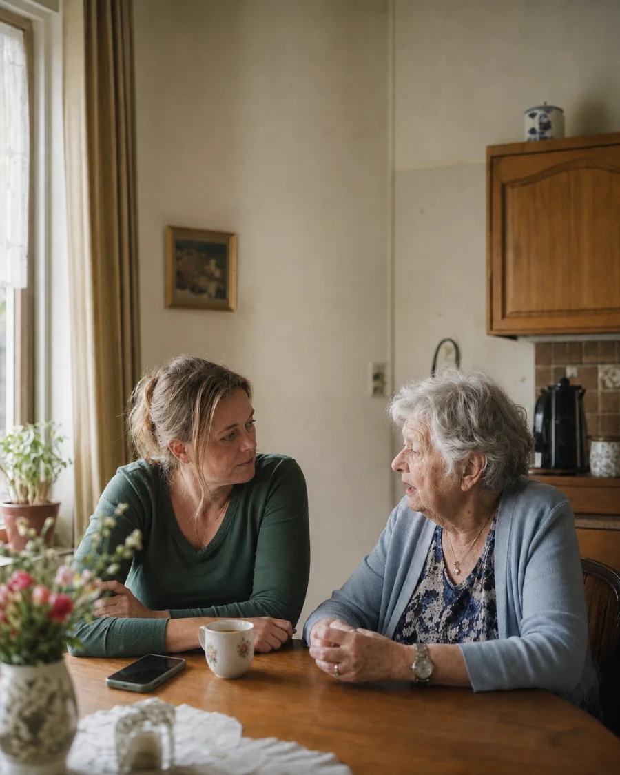 Een zorgprofessional in gesprek met een cliënt aan de keukentafel