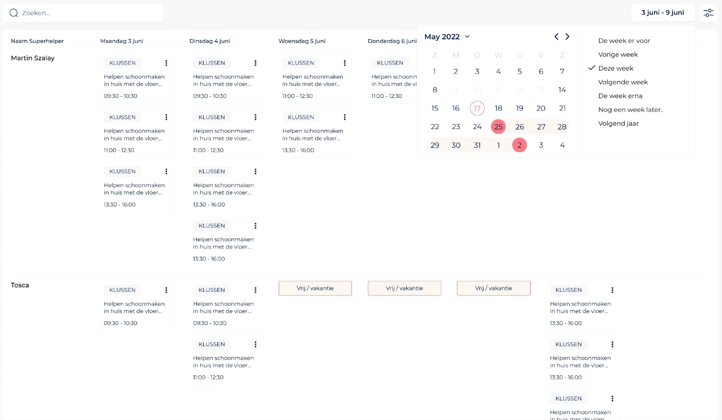 Planner Portal: weekoverzicht met medewerkers en cliënten
